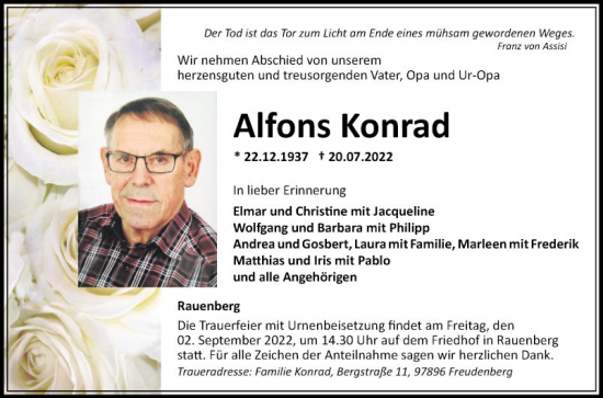 Traueranzeige von Alfons Konrad von Fränkische Nachrichten