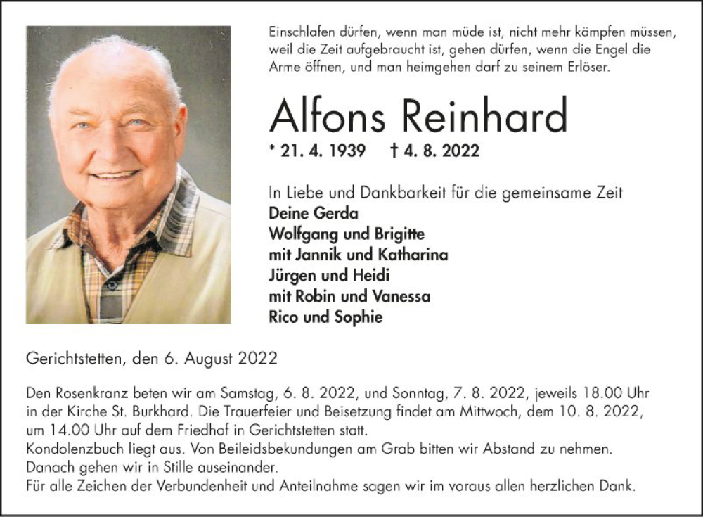  Traueranzeige für Alfons Reinhard vom 06.08.2022 aus Fränkische Nachrichten