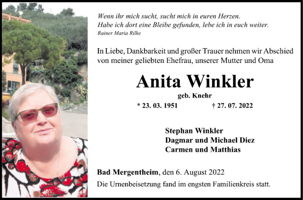  Traueranzeige für Anita Winkler vom 06.08.2022 aus Fränkische Nachrichten