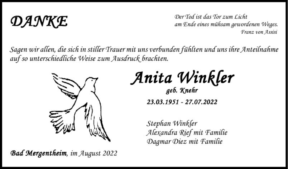  Traueranzeige für Anita Winkler vom 19.08.2022 aus Fränkische Nachrichten