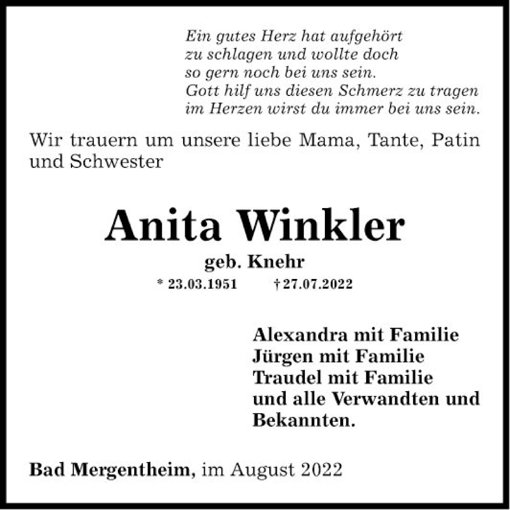  Traueranzeige für Anita Winkler vom 13.08.2022 aus Fränkische Nachrichten