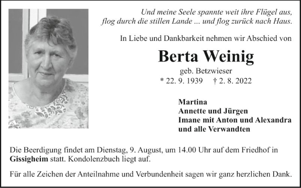  Traueranzeige für Berta Weinig vom 06.08.2022 aus Fränkische Nachrichten