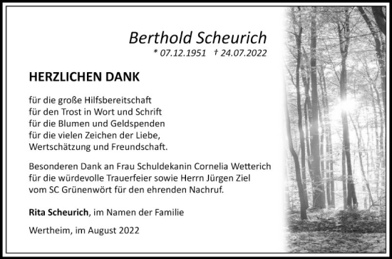 Traueranzeige von Berthold Scheurich von Fränkische Nachrichten