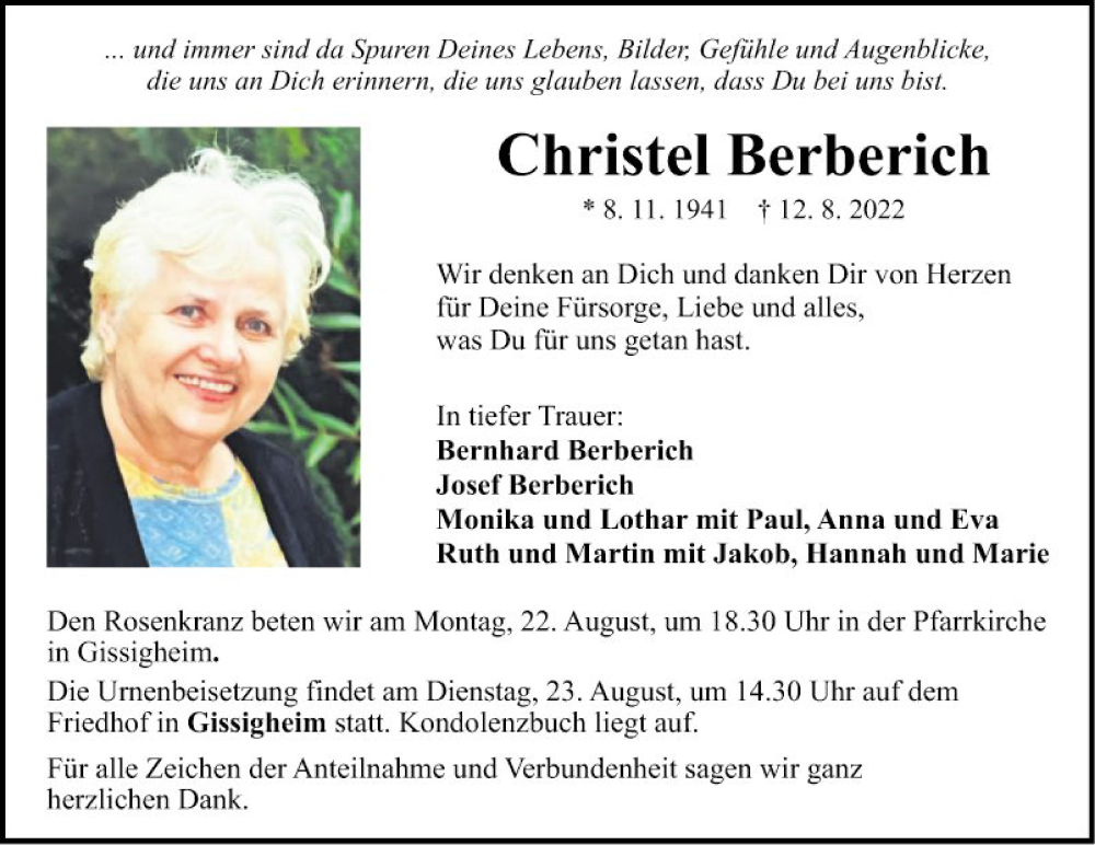  Traueranzeige für Christel Berberich vom 19.08.2022 aus Fränkische Nachrichten