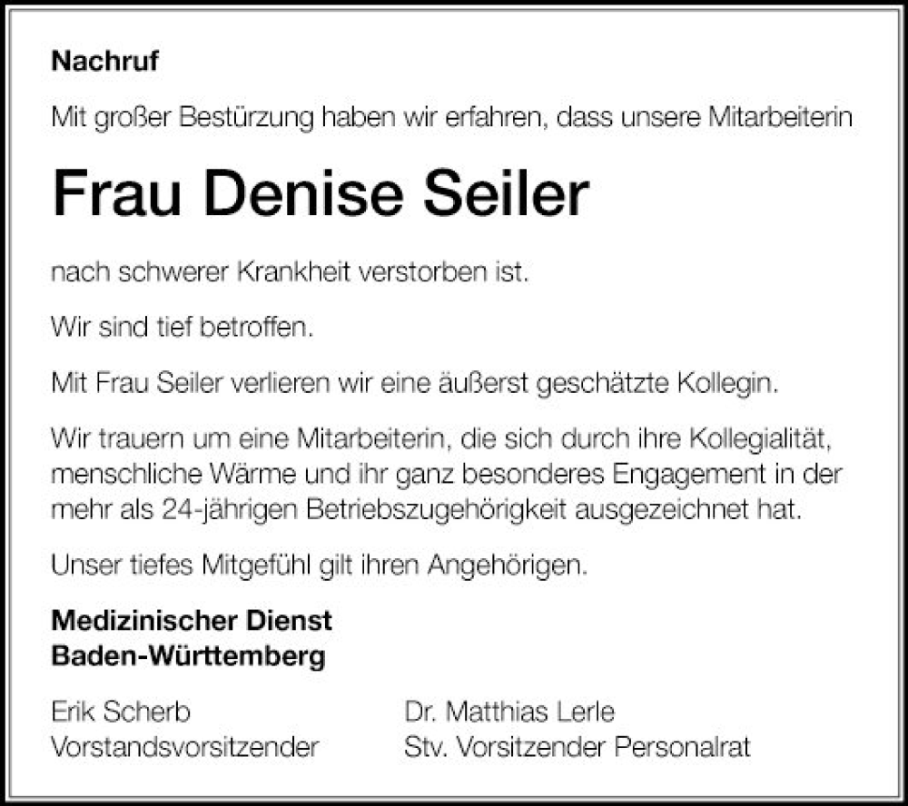  Traueranzeige für Denise Seiler vom 10.08.2022 aus Fränkische Nachrichten