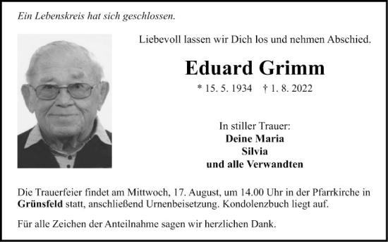 Traueranzeige von Eduard Grimm von Fränkische Nachrichten