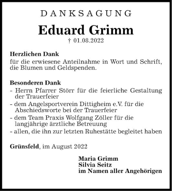 Traueranzeige von Eduard Grimm von Fränkische Nachrichten