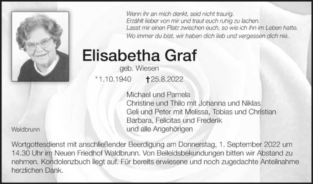  Traueranzeige für Elisabetha Graf vom 27.08.2022 aus Fränkische Nachrichten