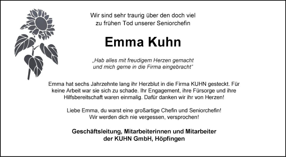  Traueranzeige für Emma Kuhn vom 10.08.2022 aus Fränkische Nachrichten