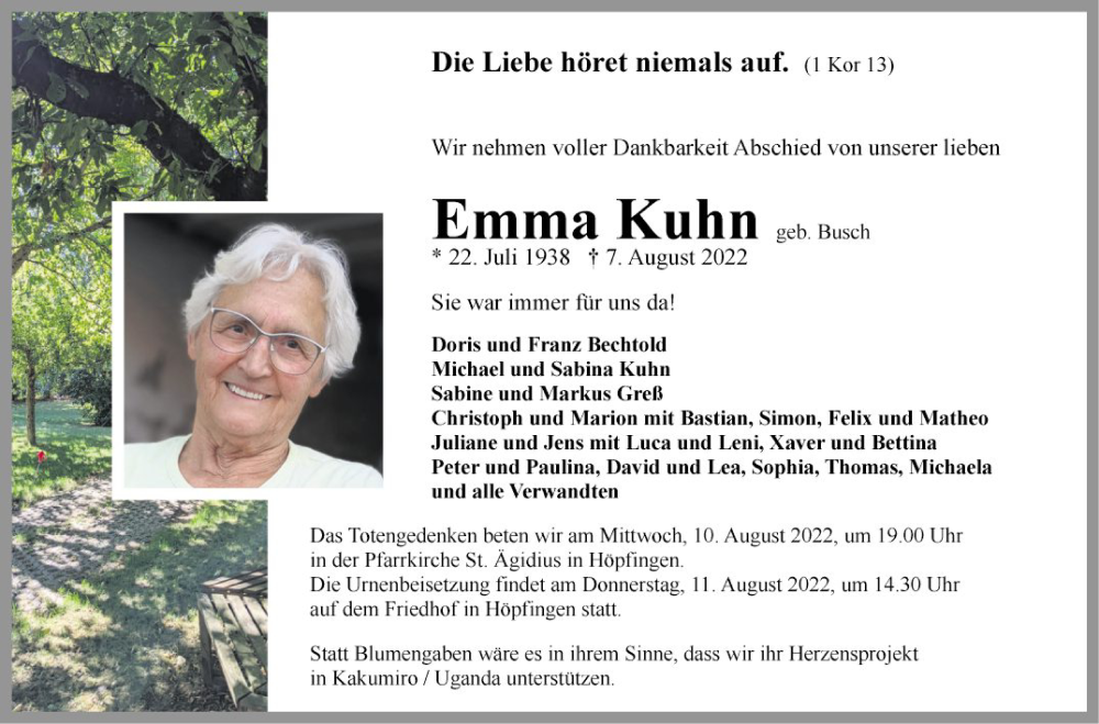 Traueranzeige für Emma Kuhn vom 09.08.2022 aus Fränkische Nachrichten
