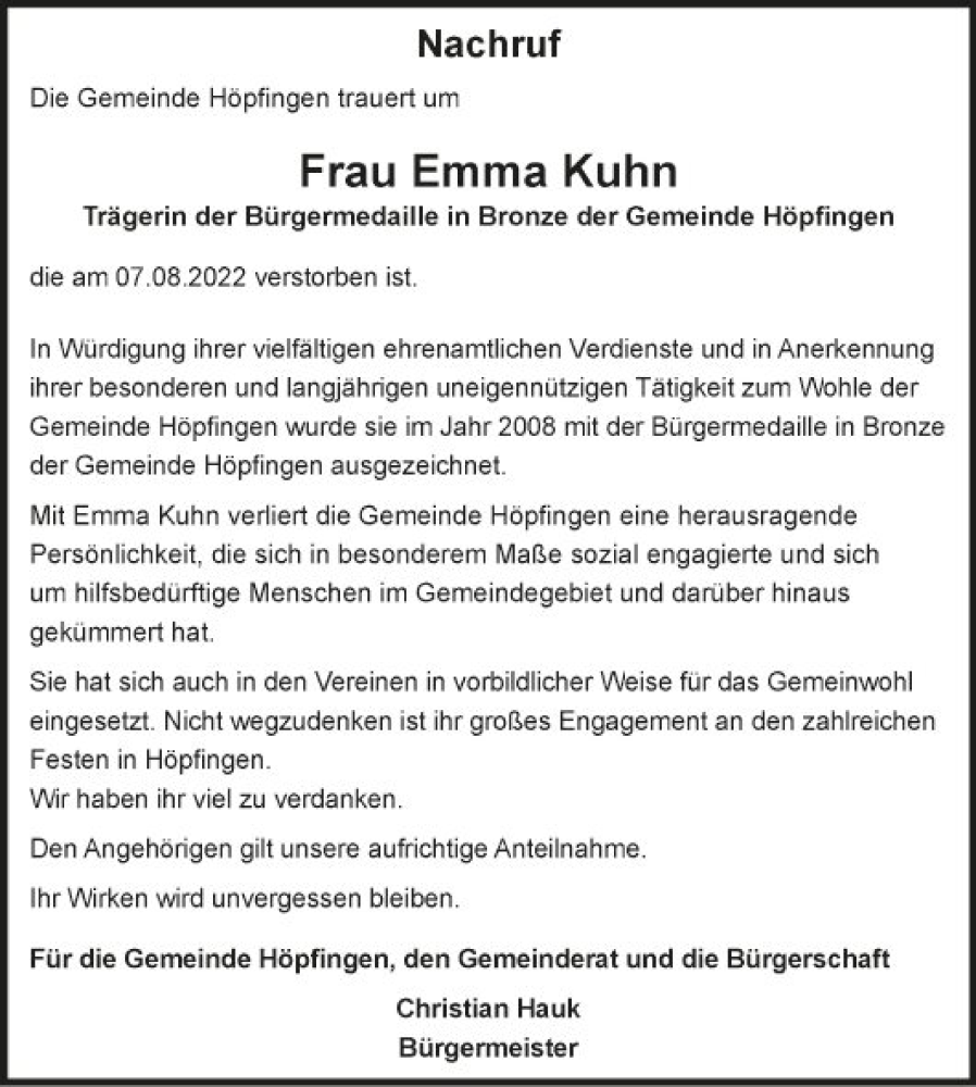  Traueranzeige für Emma Kuhn vom 10.08.2022 aus Fränkische Nachrichten