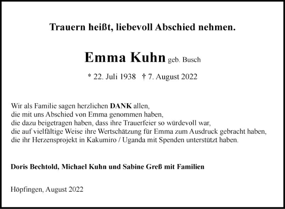  Traueranzeige für Emma Kuhn vom 20.08.2022 aus Fränkische Nachrichten
