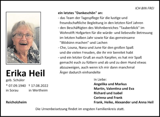 Traueranzeige von Erika Heil von Fränkische Nachrichten