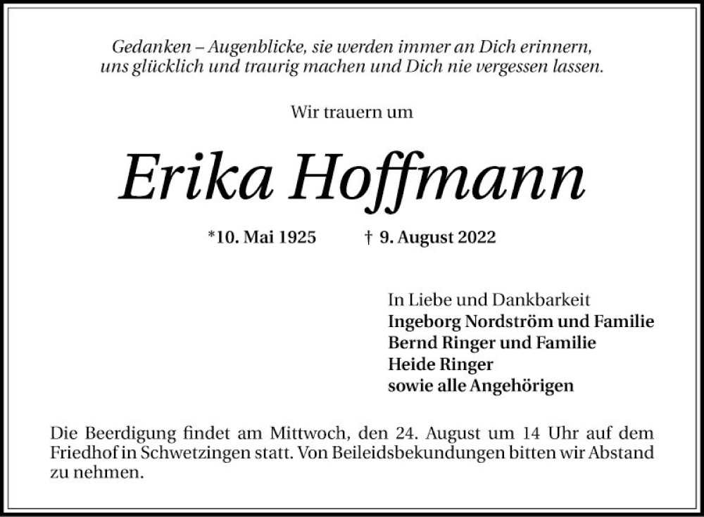  Traueranzeige für Erika Hoffmann vom 20.08.2022 aus Schwetzinger Zeitung