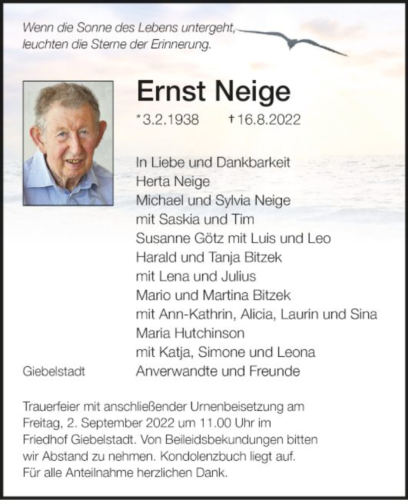  Traueranzeige für Ernst Neige vom 27.08.2022 aus Fränkische Nachrichten