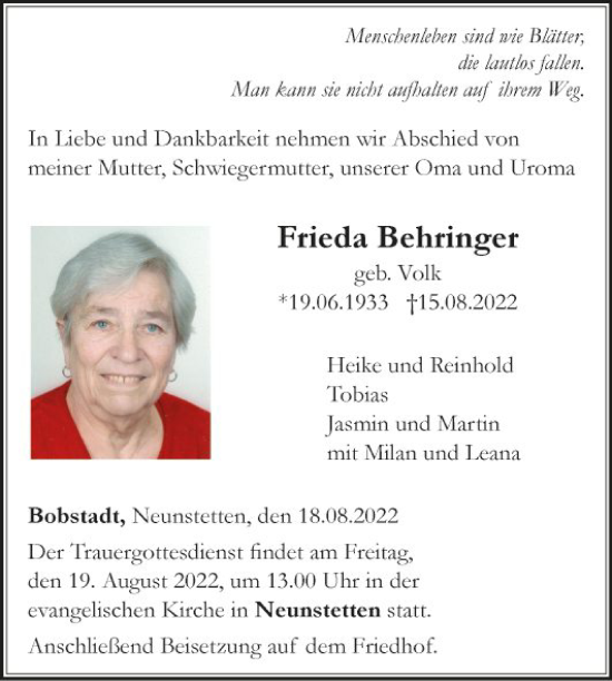 Traueranzeige von Frieda Behringer von Fränkische Nachrichten