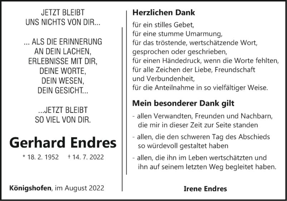  Traueranzeige für Gerhard Endres vom 13.08.2022 aus Fränkische Nachrichten
