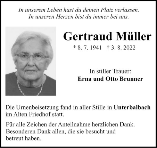 Traueranzeige von Gertraud Müller von Fränkische Nachrichten