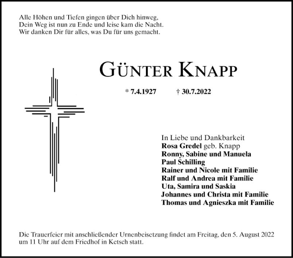  Traueranzeige für Günter Knapp vom 02.08.2022 aus Schwetzinger Zeitung