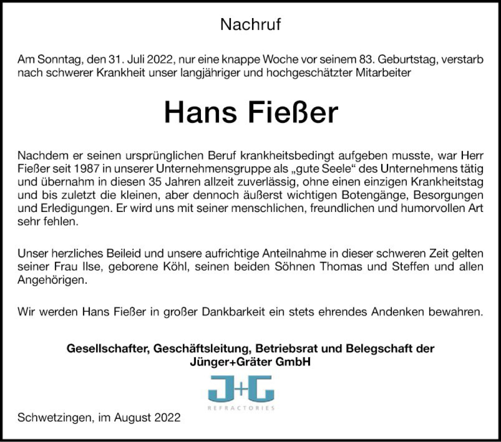  Traueranzeige für Hans Fießer vom 13.08.2022 aus Schwetzinger Zeitung