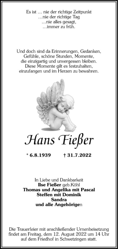  Traueranzeige für Hans Fießer vom 06.08.2022 aus Schwetzinger Zeitung