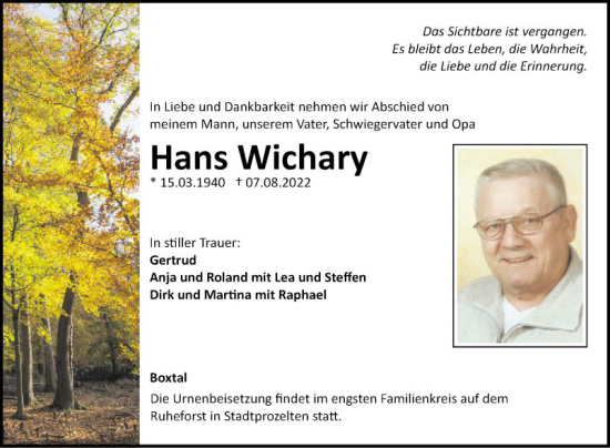 Traueranzeige von Hans Wichary von Fränkische Nachrichten