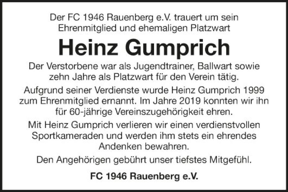  Traueranzeige für Heinz Gumprich vom 08.08.2022 aus Fränkische Nachrichten