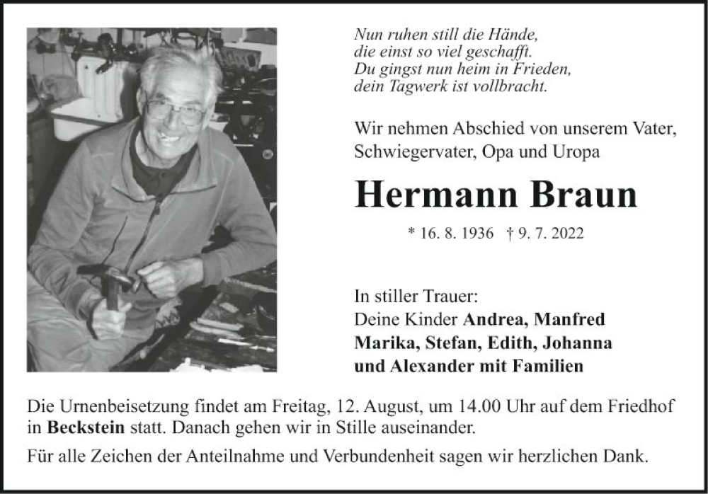  Traueranzeige für Hermann Braun vom 06.08.2022 aus Fränkische Nachrichten