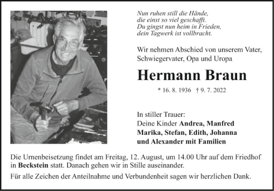 Traueranzeige von Hermann Braun von Fränkische Nachrichten