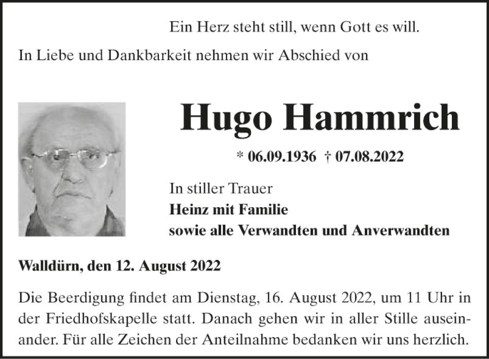  Traueranzeige für Hugo Hammrich vom 12.08.2022 aus Fränkische Nachrichten