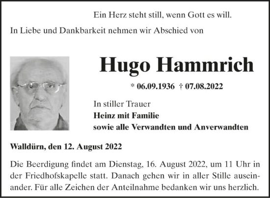 Traueranzeige von Hugo Hammrich von Fränkische Nachrichten