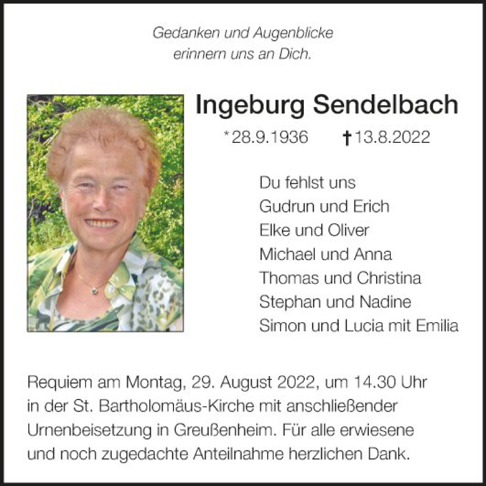  Traueranzeige für Ingeburg Sendelbach vom 27.08.2022 aus Fränkische Nachrichten