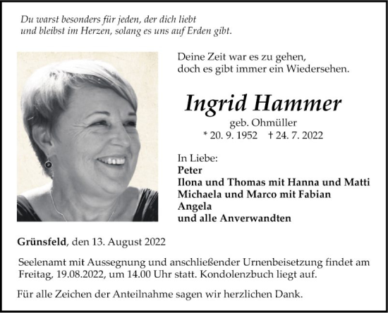 Traueranzeige von Ingrid Hammer von Fränkische Nachrichten