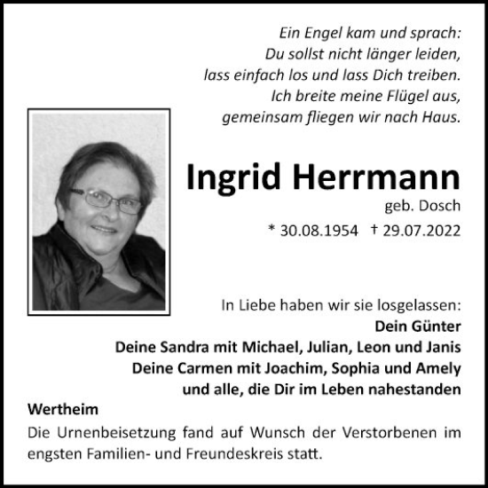 Traueranzeige von Ingrid Herrmann von Fränkische Nachrichten