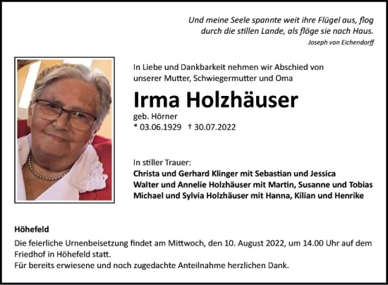 Traueranzeige von Irma Holzhäuser von Fränkische Nachrichten