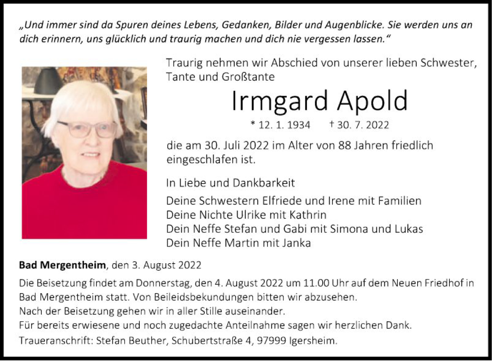  Traueranzeige für Irmgard Apold vom 03.08.2022 aus Fränkische Nachrichten