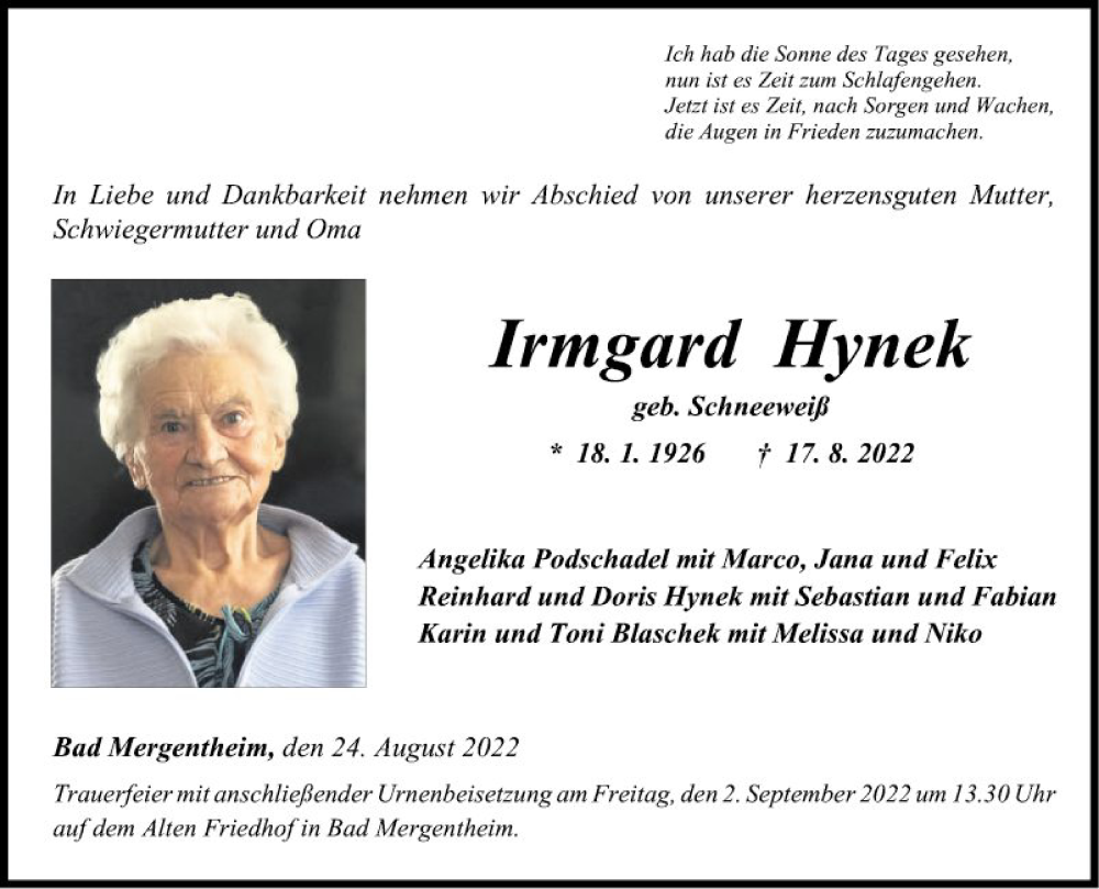  Traueranzeige für Irmgard Hynek vom 24.08.2022 aus Fränkische Nachrichten