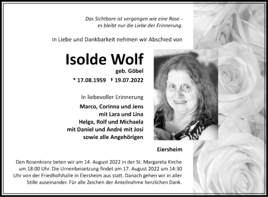 Traueranzeige von Isolde Wolf von Fränkische Nachrichten
