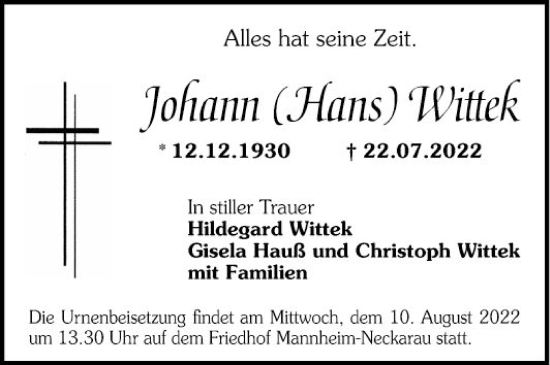 Traueranzeige von Johann Wittek von Mannheimer Morgen