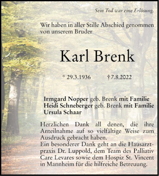 Traueranzeige von Karl Brenk von Mannheimer Morgen