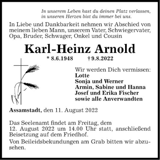 Traueranzeige von Karl-Heinz Arnold von Fränkische Nachrichten