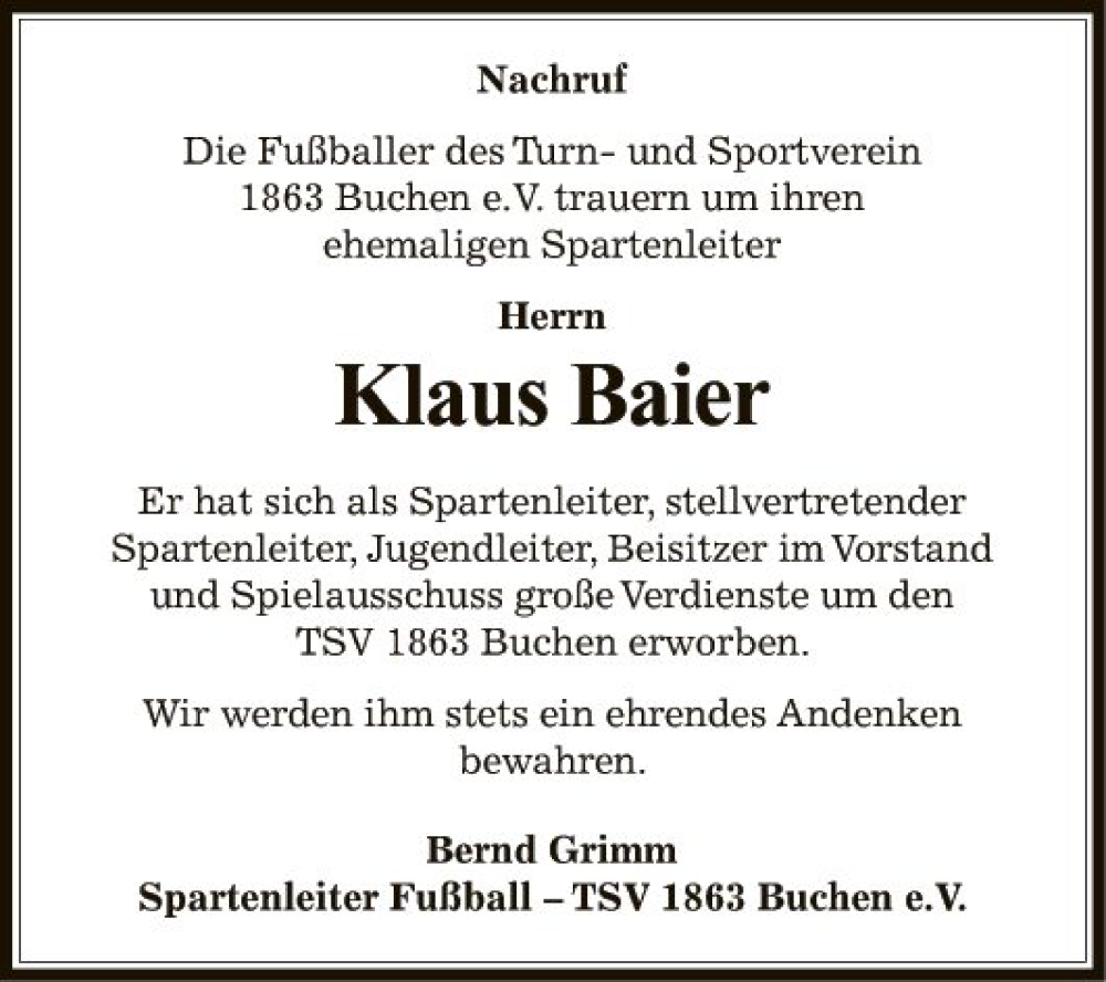  Traueranzeige für Klaus Baier vom 06.08.2022 aus Fränkische Nachrichten