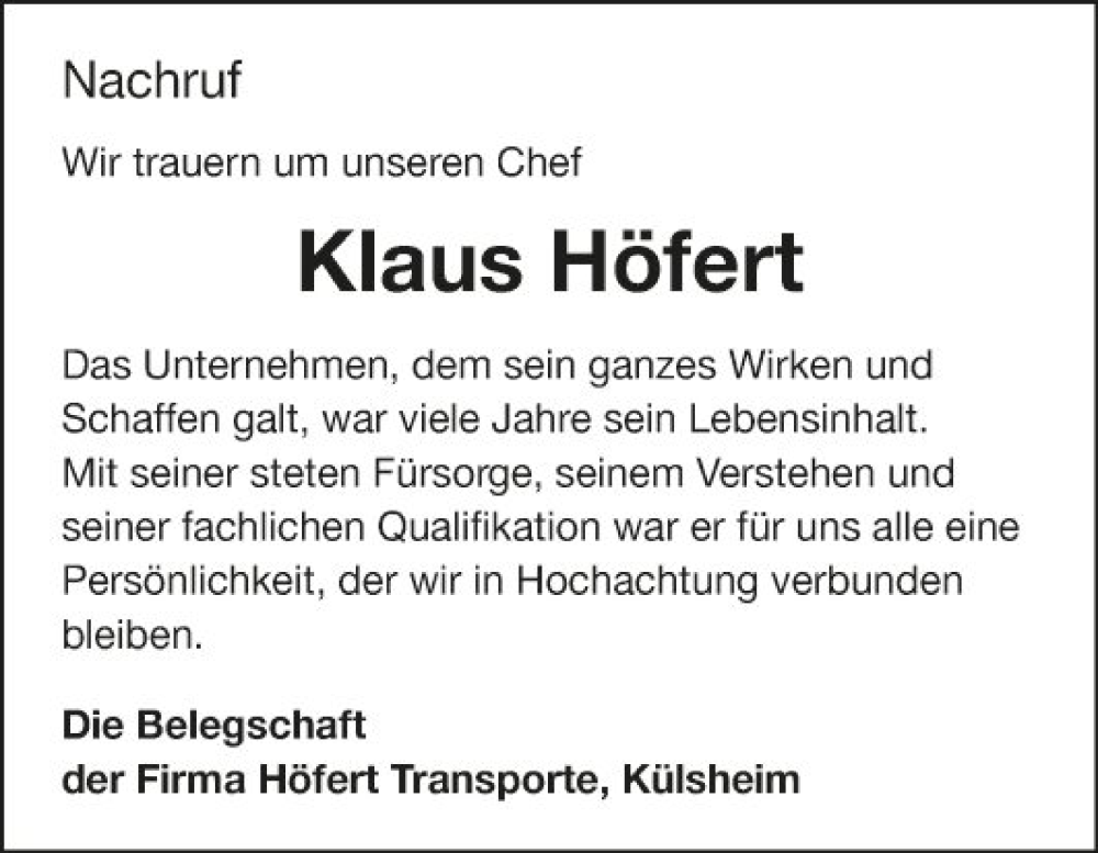  Traueranzeige für Klaus Höfert vom 27.08.2022 aus Fränkische Nachrichten