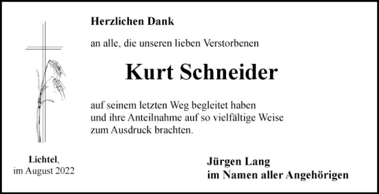 Traueranzeige von Kurt Schneider von Fränkische Nachrichten