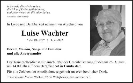 Traueranzeige von Luise Wachter von Fränkische Nachrichten