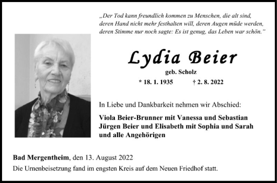 Traueranzeige von Lydia Beter von Fränkische Nachrichten