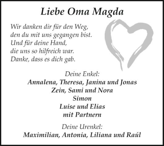 Traueranzeige von Magda  von Fränkische Nachrichten