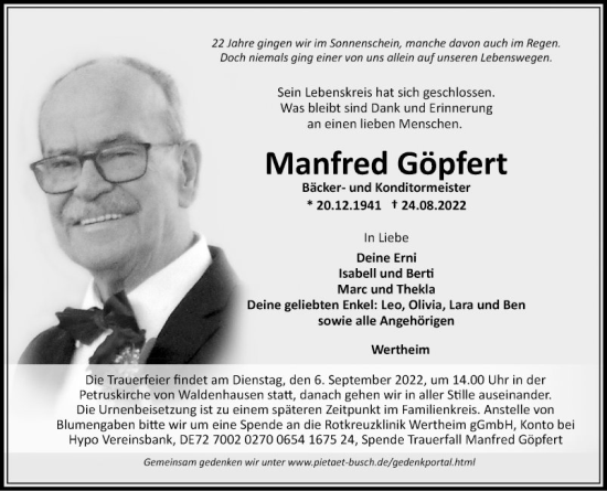 Traueranzeige von Manfred Göpfert von Fränkische Nachrichten