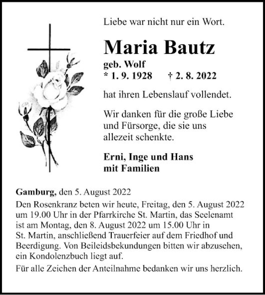  Traueranzeige für Maria Bautz vom 05.08.2022 aus Fränkische Nachrichten