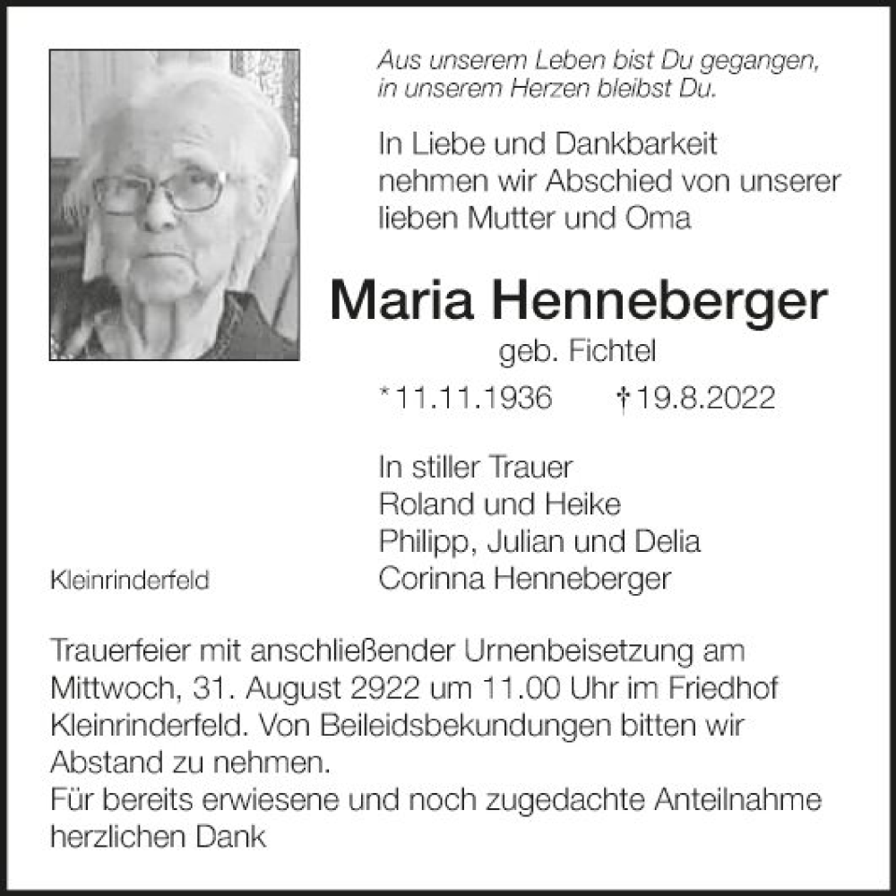  Traueranzeige für Maria Henneberger vom 27.08.2022 aus Fränkische Nachrichten